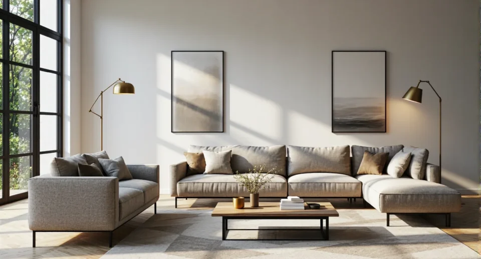 Narożnik modułowy szary z pufą na metalowych nogach