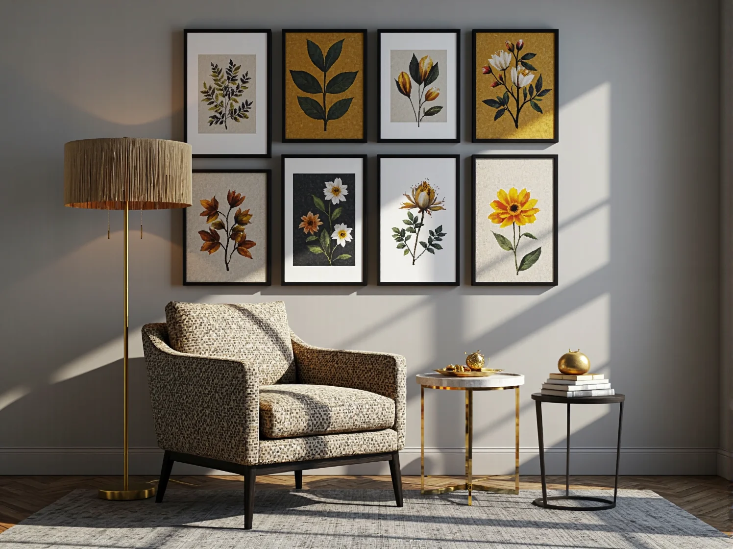 Aranżacja salonu glamour z dodatkami vintage, luksusowe zasłony i okrągłe lustra.