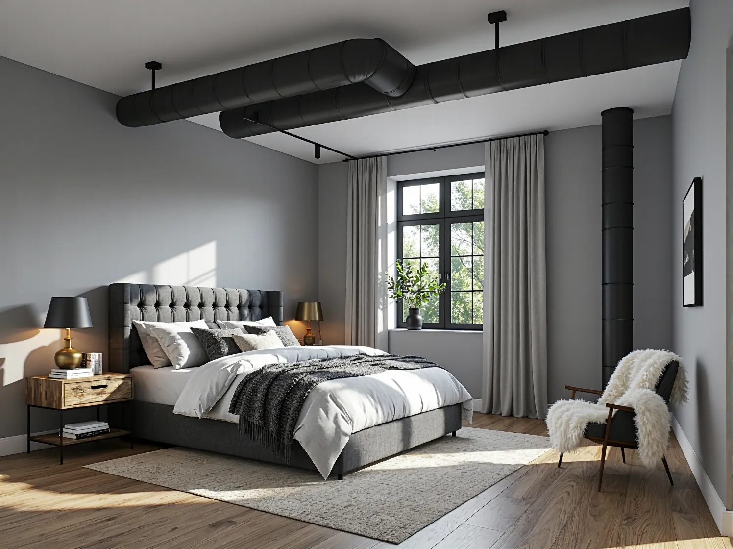 Ekskluzywne dodatki i oświetlenie w luksusowym apartamencie typu loft w stylu industrialnym.