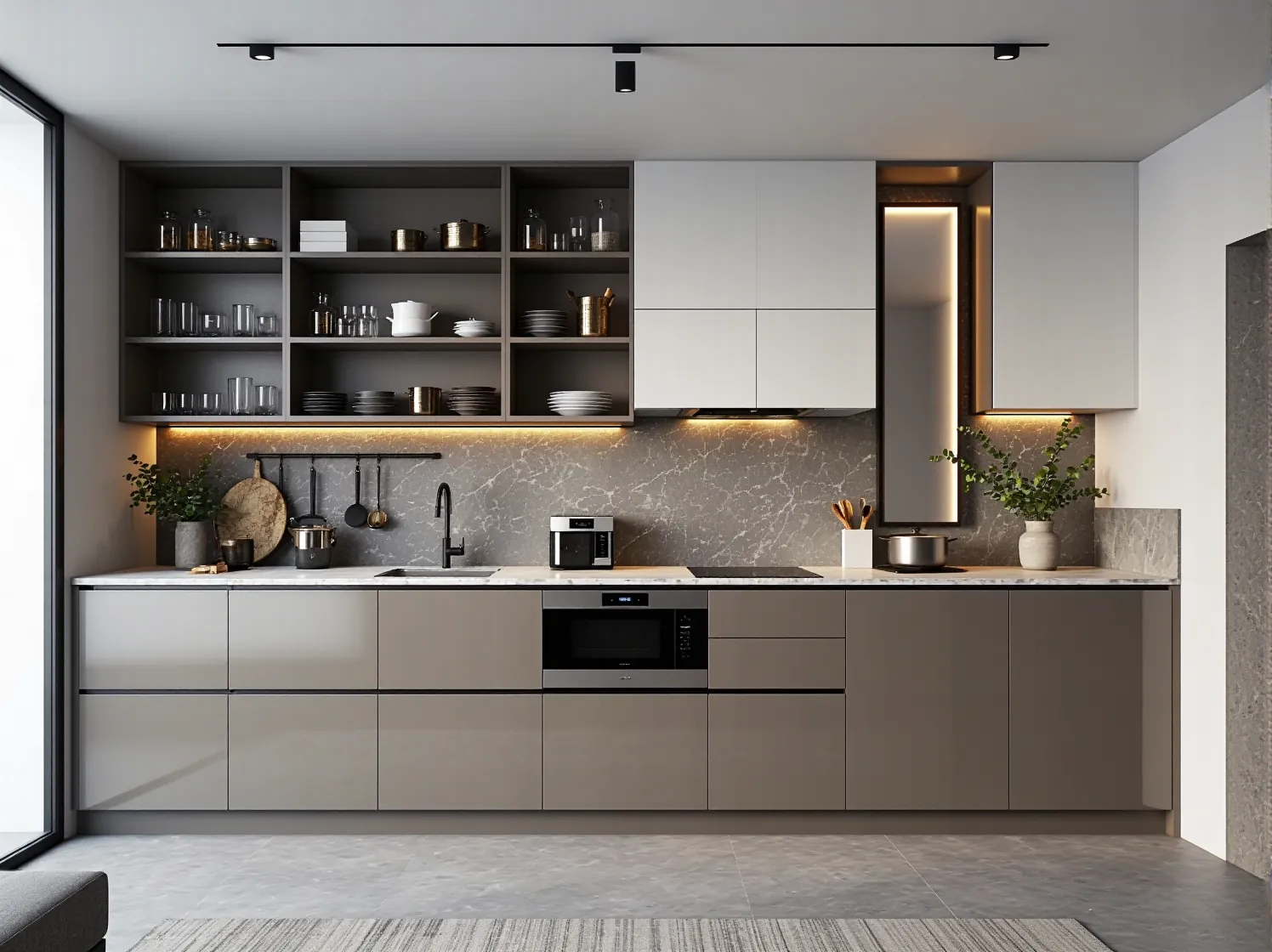 Lustrzana ściana nad blatem w kuchni glamour optycznie powiększająca małe wnętrze