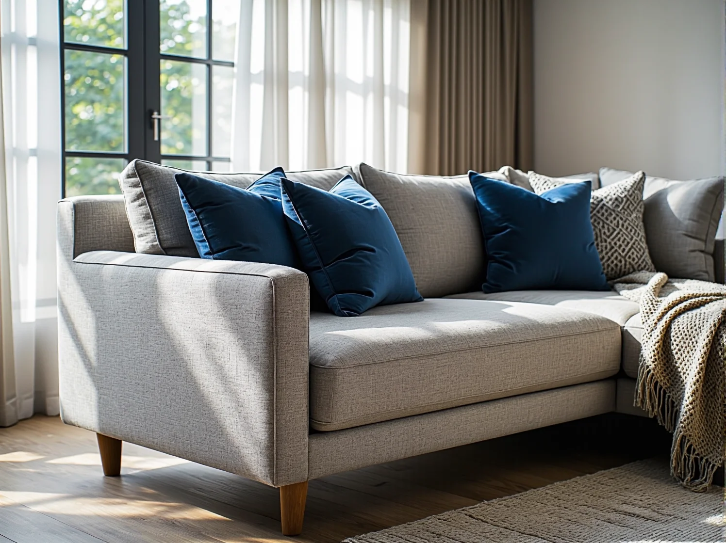 Mały narożnik do salonu z oknami od podłogi do sufitu w miejskim apartamencie.