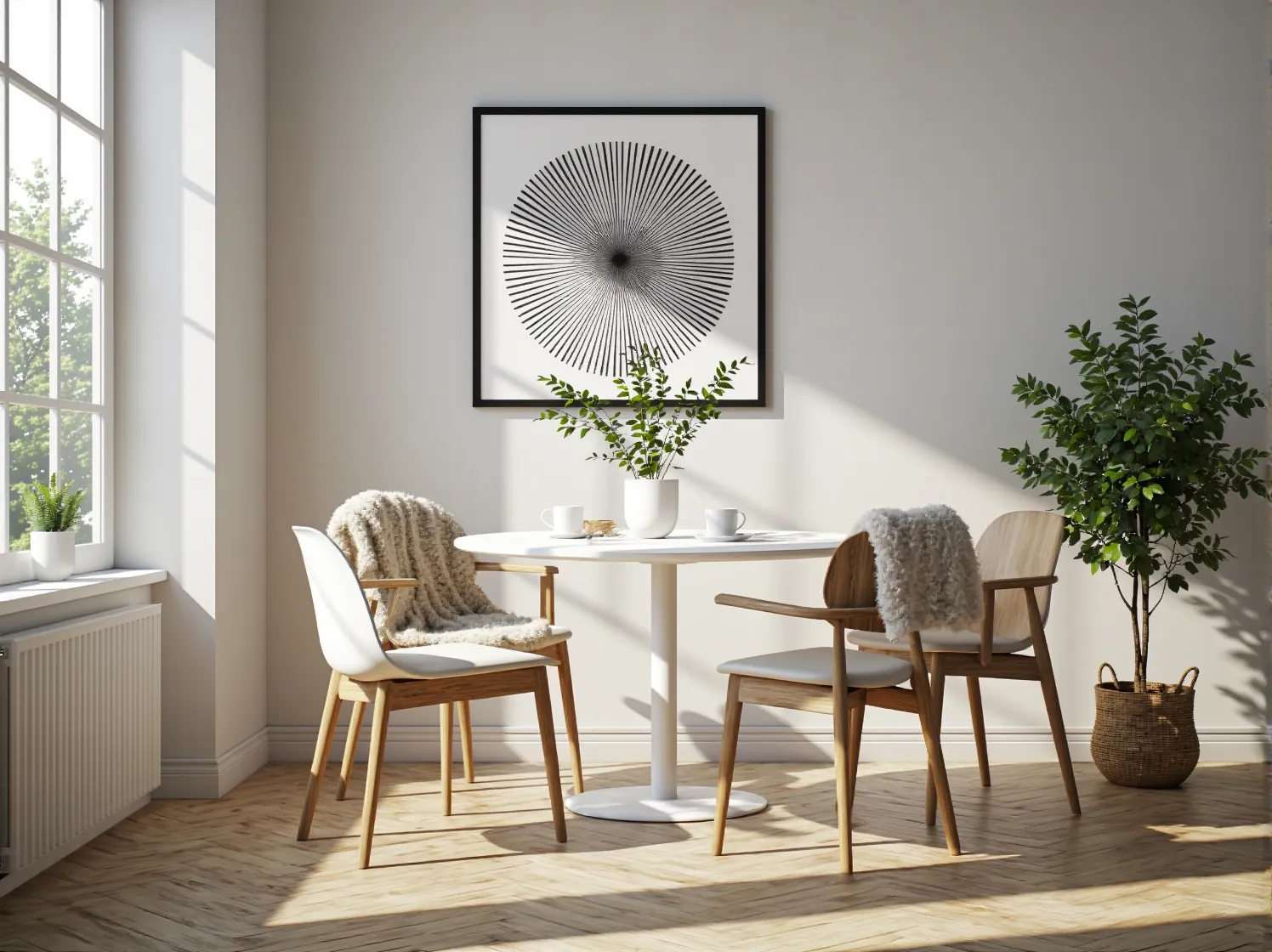 Stylowa jadalnia skandynawska z białymi akcentami i drewnianymi meblami.