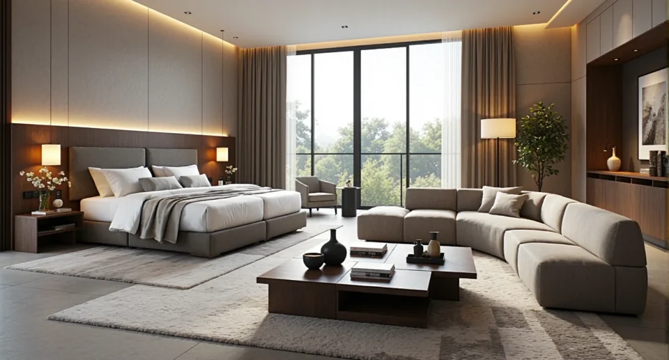 Zestaw mebli hotelowych łóżko z tapicerowanym zagłówkiem i komoda orzech