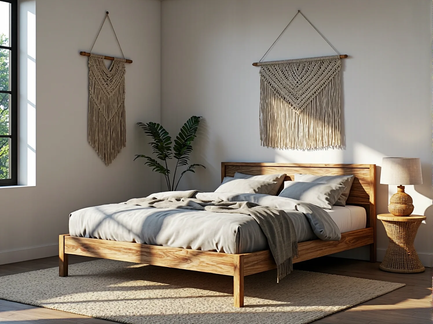 Meble z naturalnych materiałów: drewniany stolik i plecione detale w modnym wnętrzu 2025.