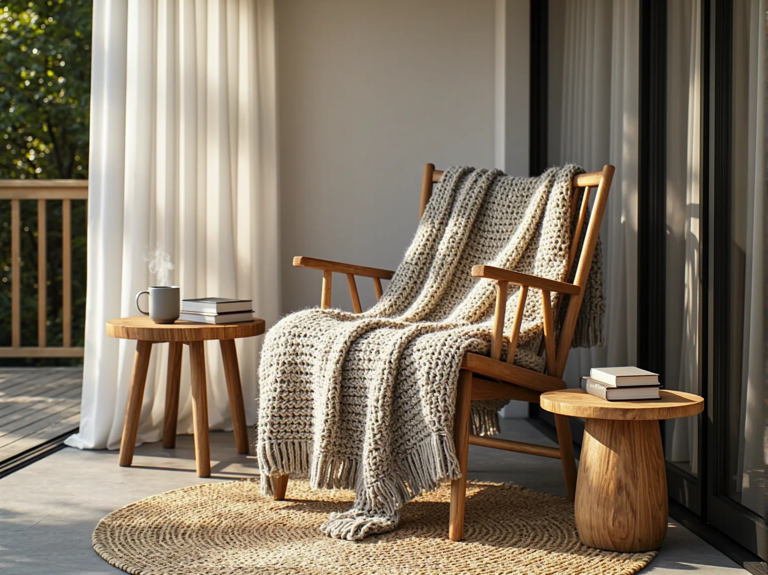 Drewniane meble ogrodowe i rattanowe fotel tworzące przytulny klimat hygge na tarasie.