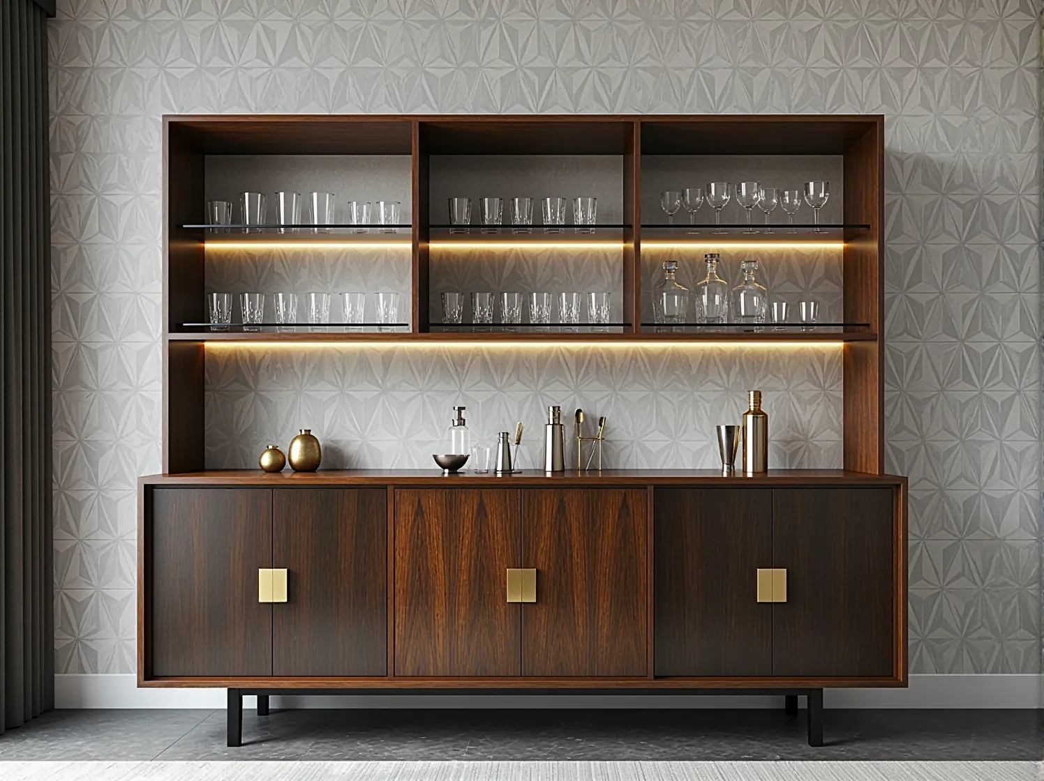 Meble retro w luksusowym salonie glamour, stylowa komoda i złote dekoracje ścienne.