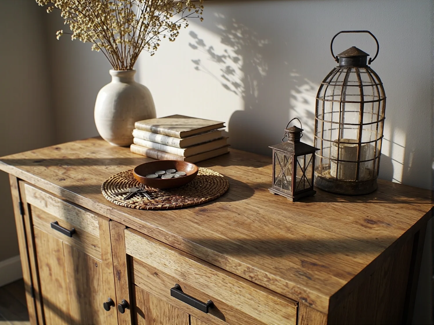 Rustykalna szafka na buty z litego drewna i metalowe wieszaki w jasnym korytarzu.