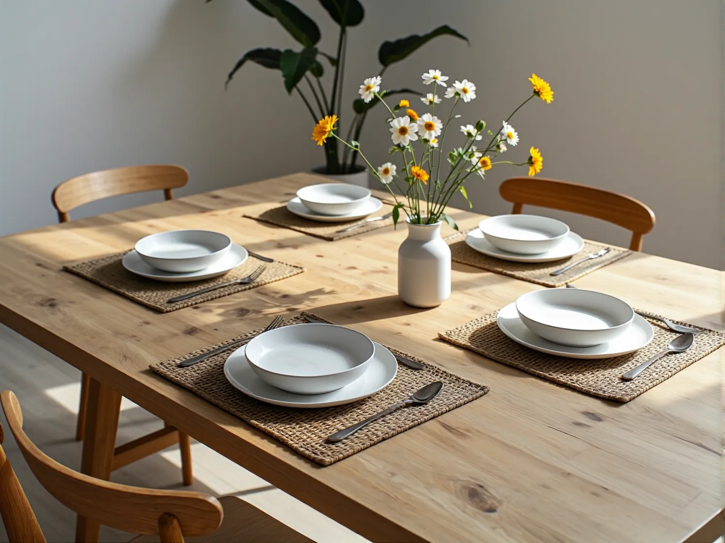 Minimalistyczne meble skandynawskie do jadalni w przytulnym i widnym salonie.