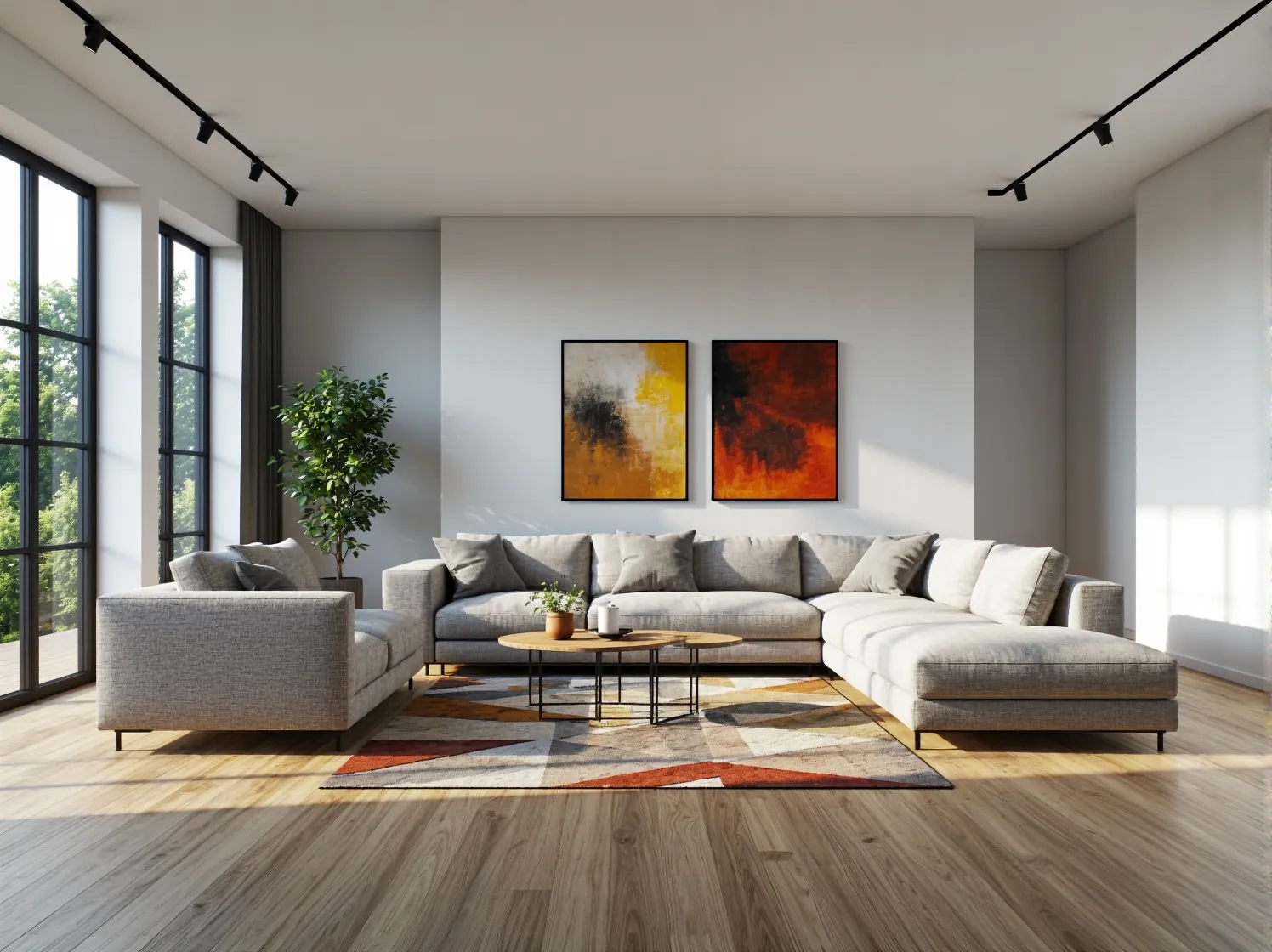 Minimalistyczne meble wypoczynkowe w nowoczesnym domu z widokiem na las.