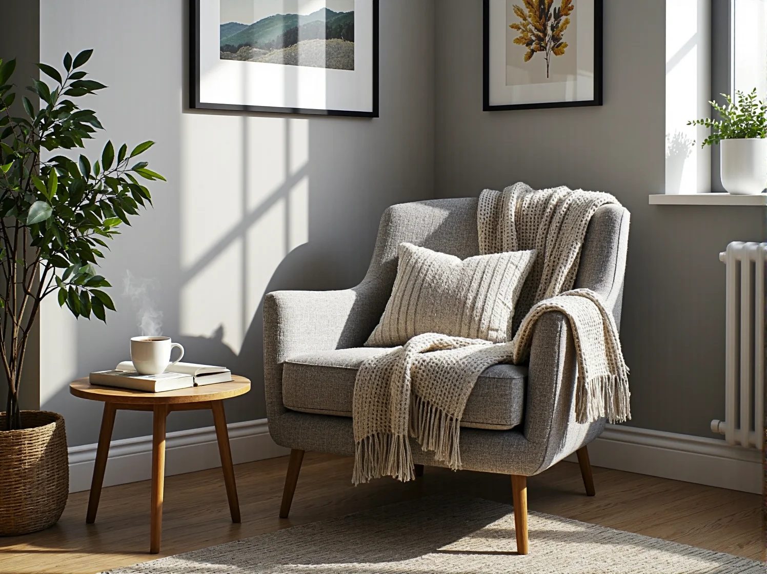 Zestaw puszystych kocy i dekoracyjnych poduszek na kanapie w przytulnym wnętrzu.