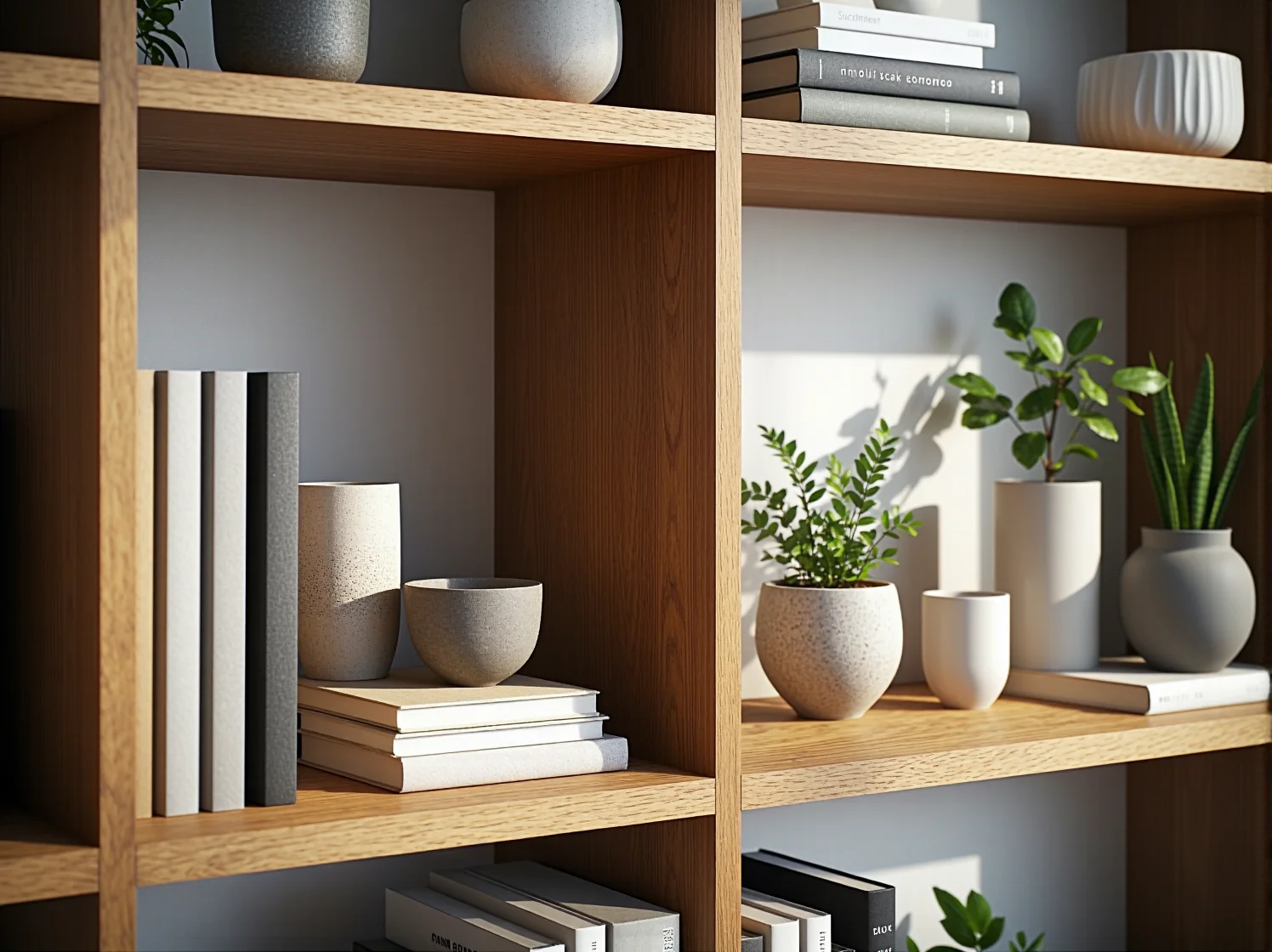 Regał z naturalnego drewna w stylu skandynawskim podkreślający surowy, nowoczesny design.