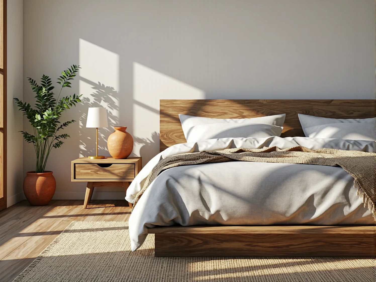 Minimalistyczny stół jadalniany z jasnego drewna, kluczowy element wyposażenia wnętrz japandi.