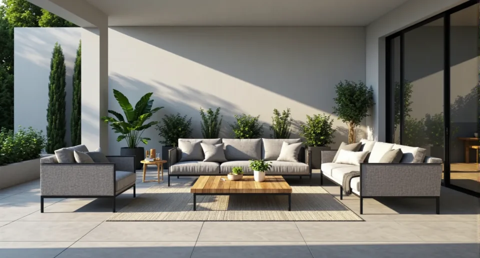 Nowoczesny zestaw wypoczynkowy tarasowy szary z drewnianym stolikiem