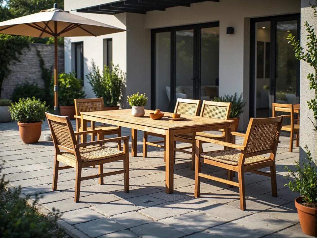Drewniany zestaw ogrodowy stół z krzesłami z rattanowymi oparciami