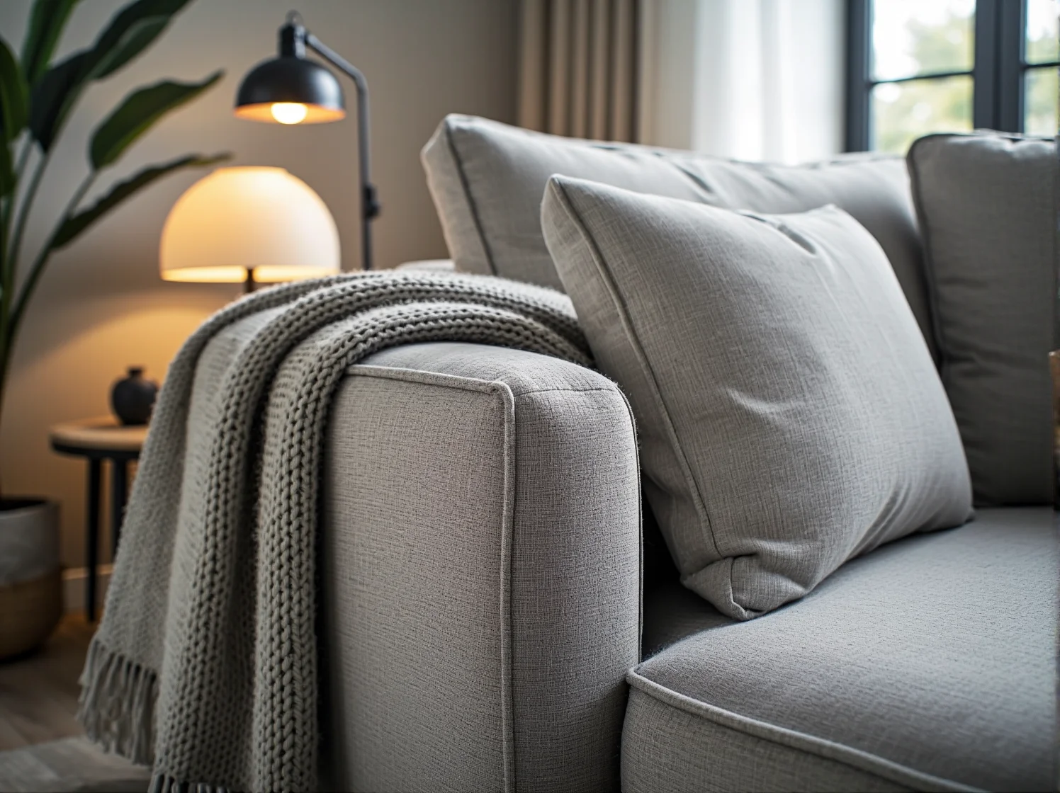 Narożnik z regulowanymi zagłówkami w strefie relaksu przy oknie balkonowym.