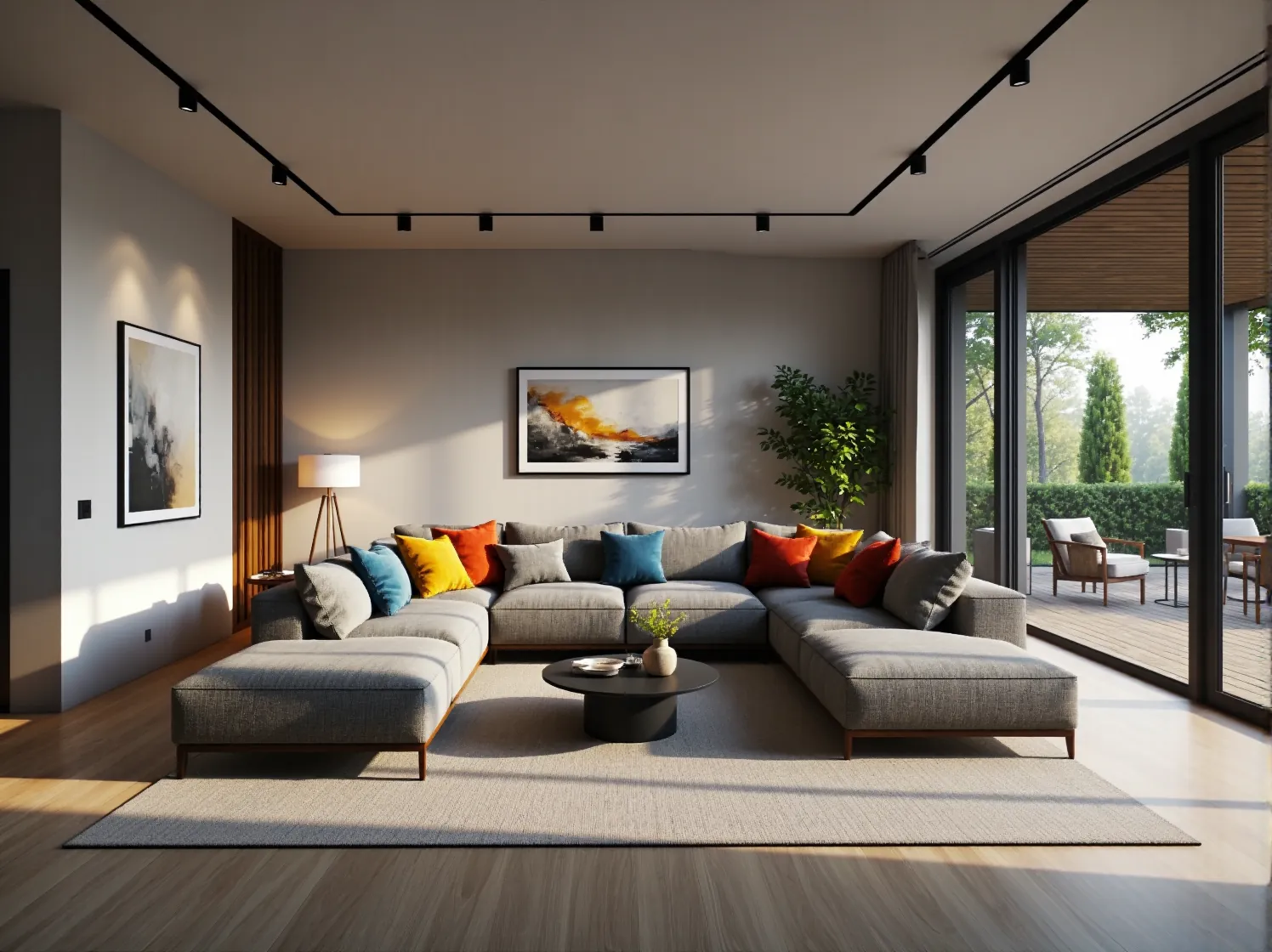 Aranżacja salonu z narożnikiem w kształcie litery U przy szklanej fasadzie.