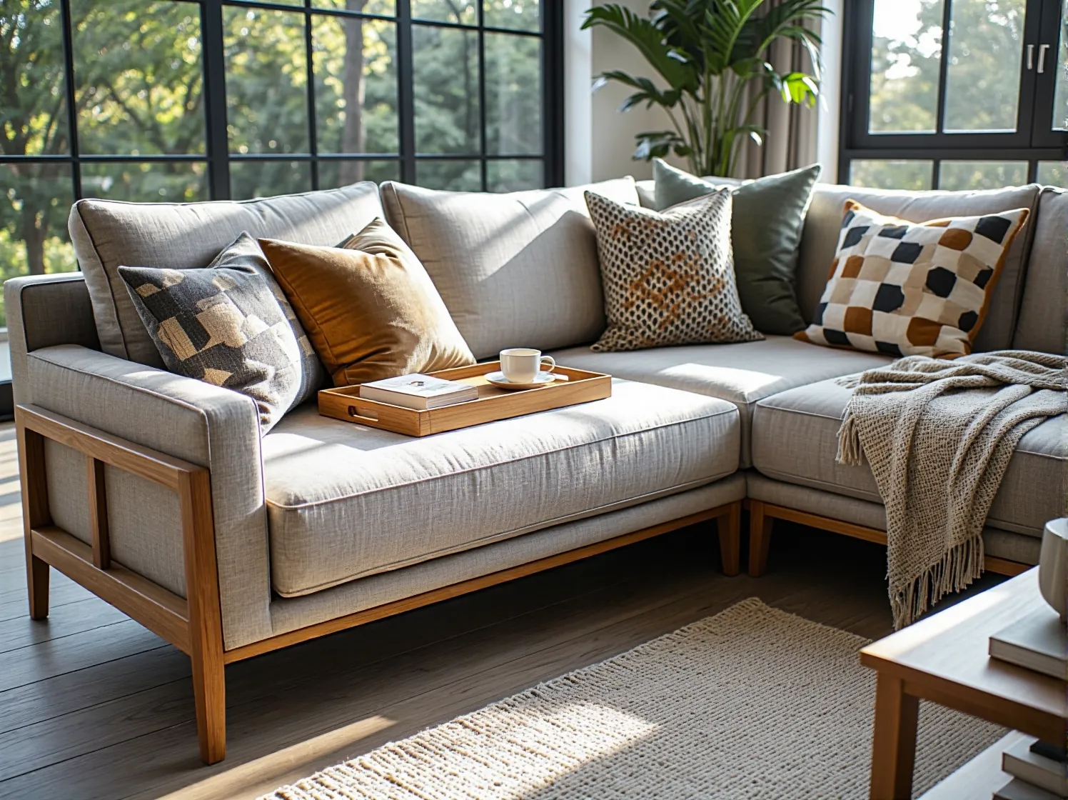 Funkcjonalny narożnik wolnostojący idealny do otwartego salonu z przeszkleniami.