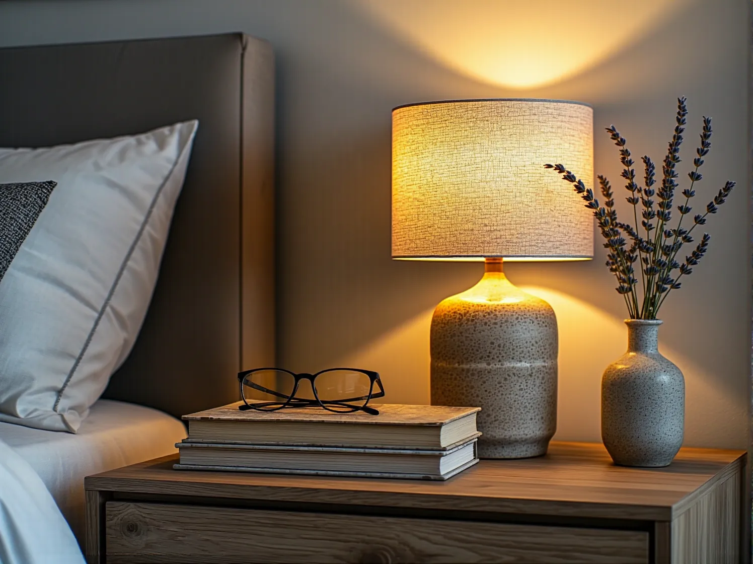 Nastrojowe lampki i świece w sypialni budujące klimat relaksu i spokoju.