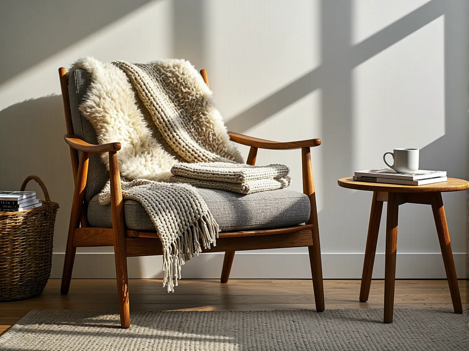 Naturalne drewno na podłodze i meblach ocieplające wnętrze skandynawskie.