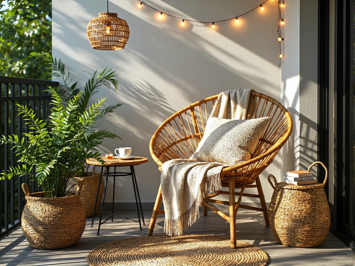 Naturalne materiały na balkonie boho: fotel rattanowy i stylowe dodatki