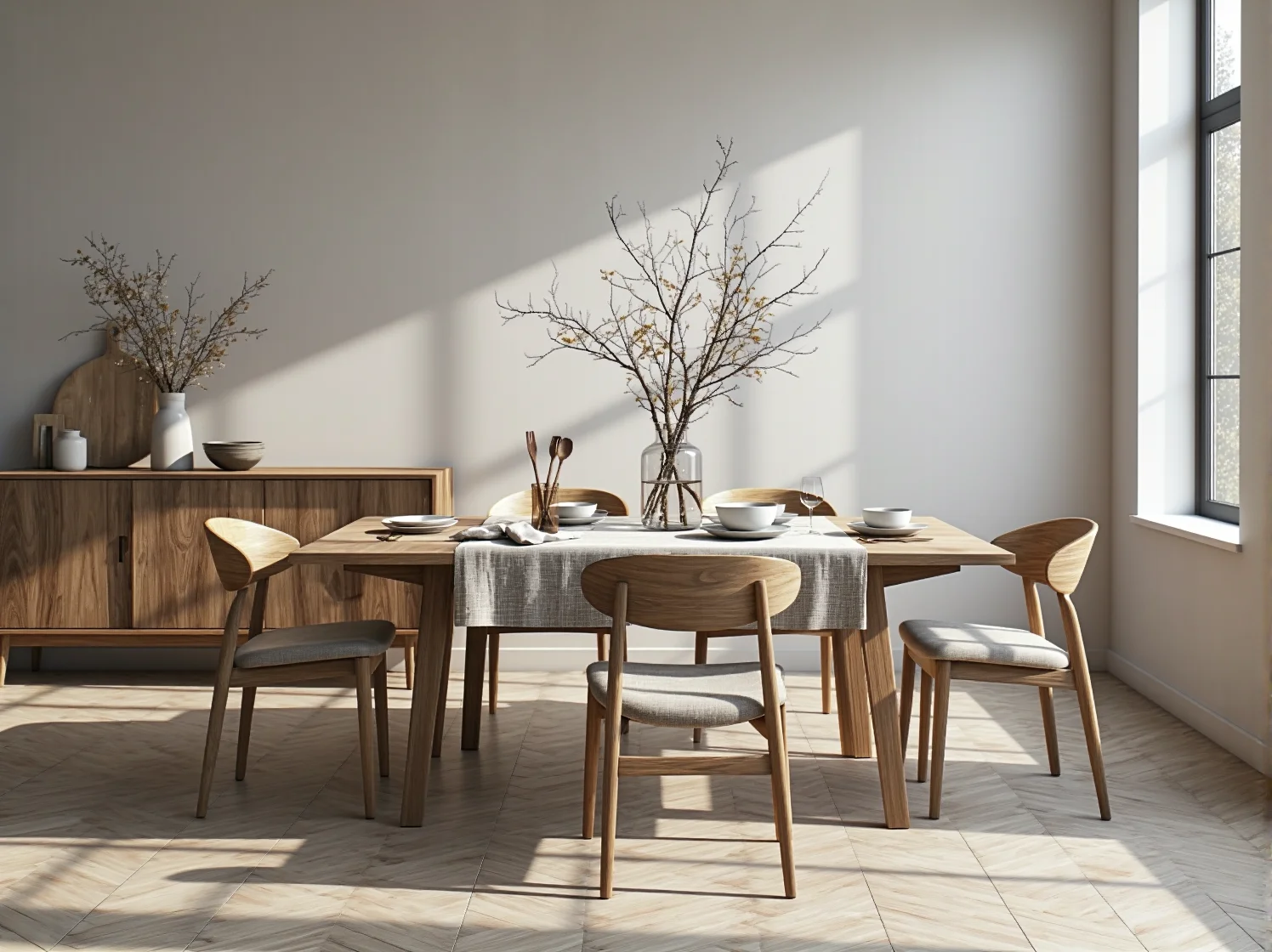 Lniane zasłony i naturalne materiały w jasnym pokoju w stylu skandi.