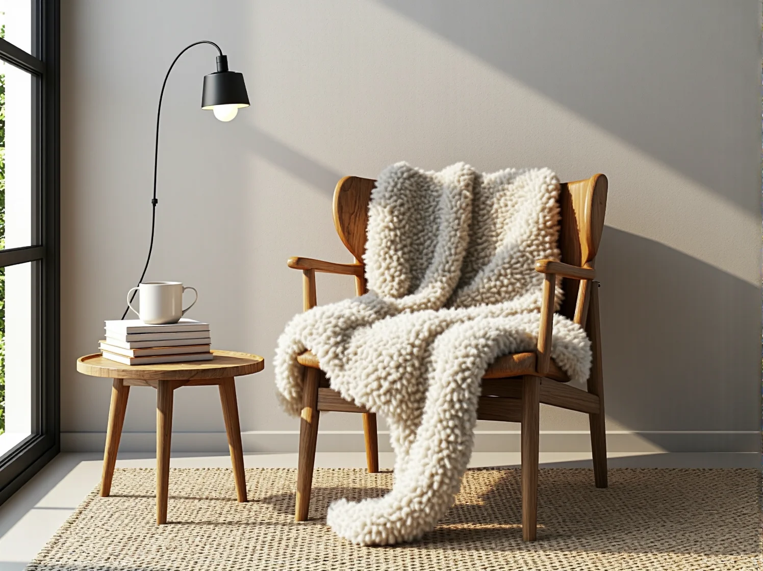 Dekoracje z naturalnych materiałów jak drewno i len w sypialni w stylu skandynawskim.