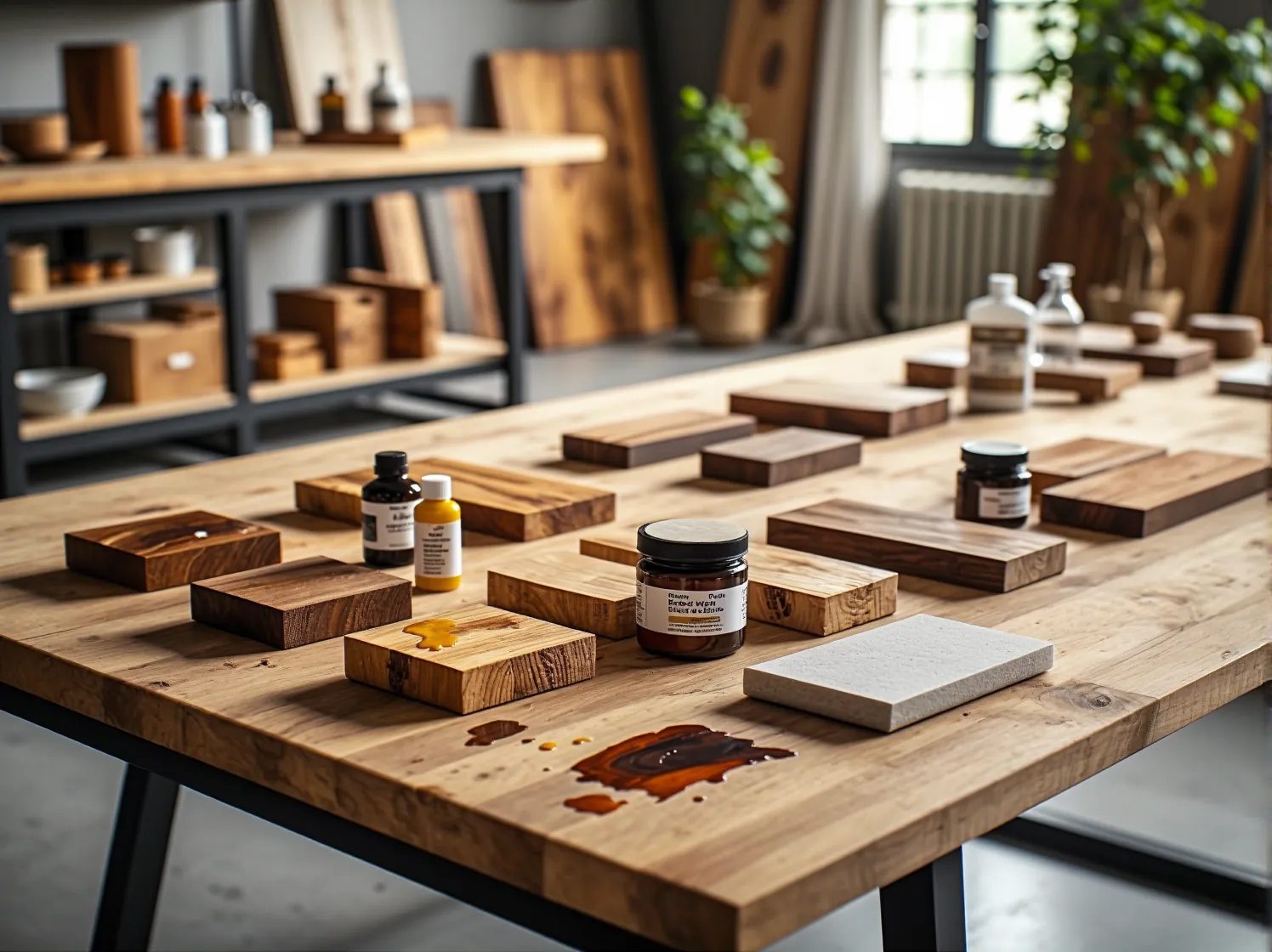 Nakładanie naturalnego oleju do drewna na blat odnawianego ekologicznie stołu.