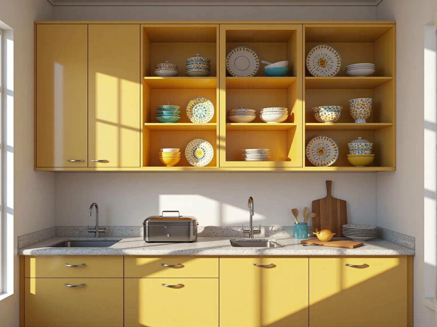 Kuchnia retro z szafkami pomalowanymi na błękit nieba i szachownicą na podłodze.