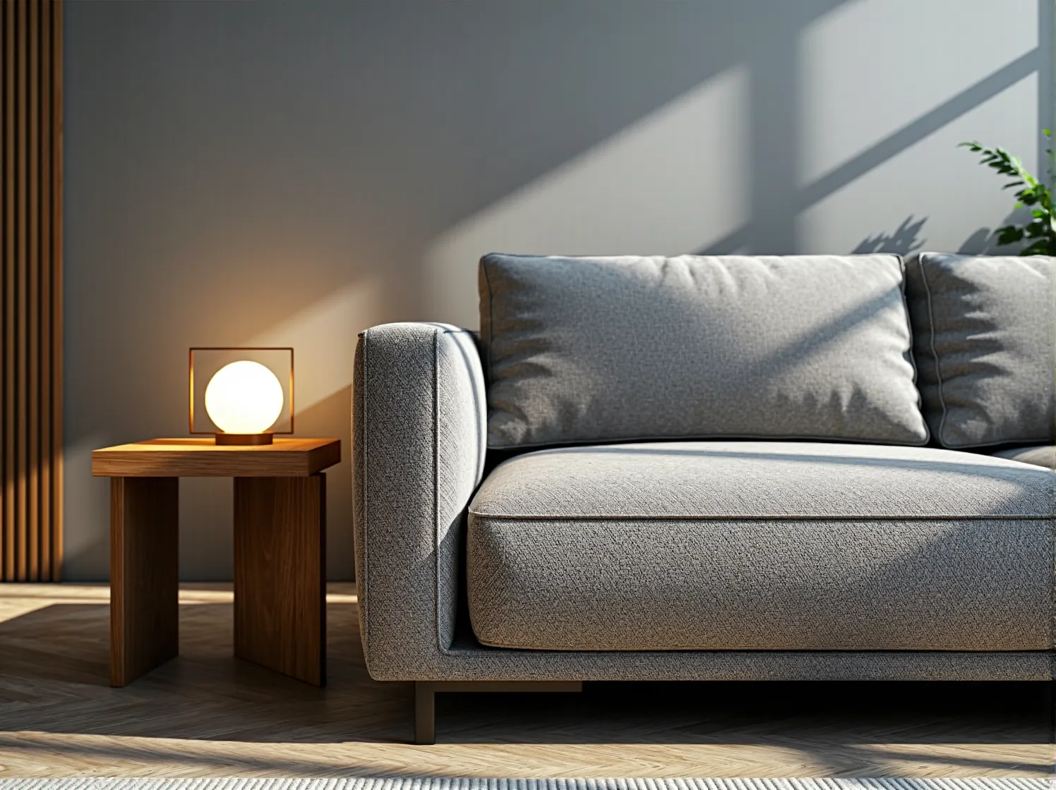 Niski narożnik modułowy, który nie zasłania widoku przez duże okna tarasowe.