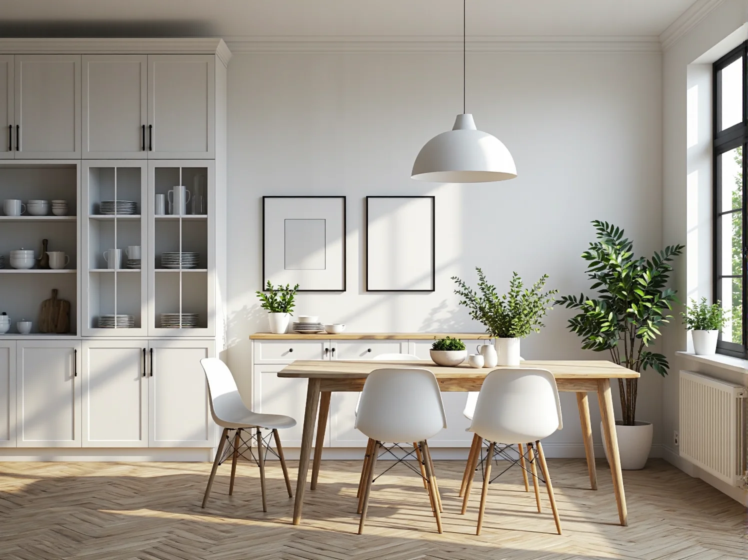 Jasna aranżacja jadalni w stylu skandynawskim – przytulne wnętrze z bielą.
