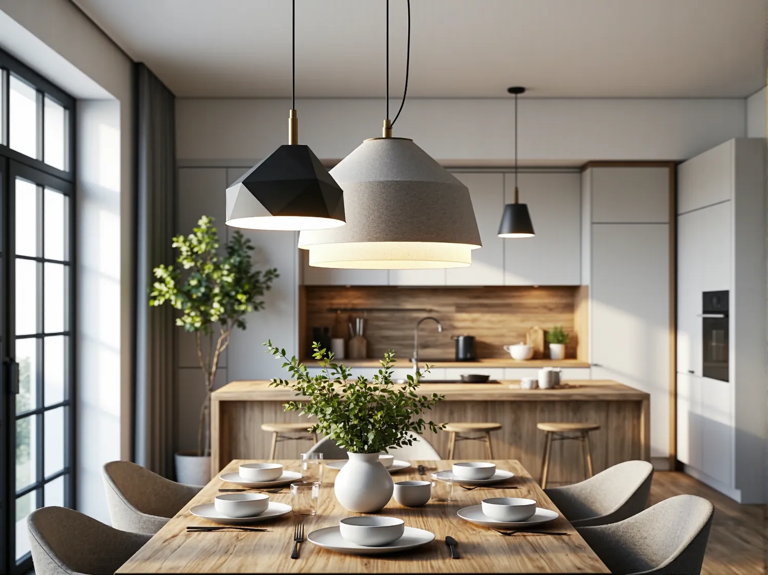 Nowoczesna przestrzeń jadalniana z lampami wiszącymi i drewnianymi dodatkami.