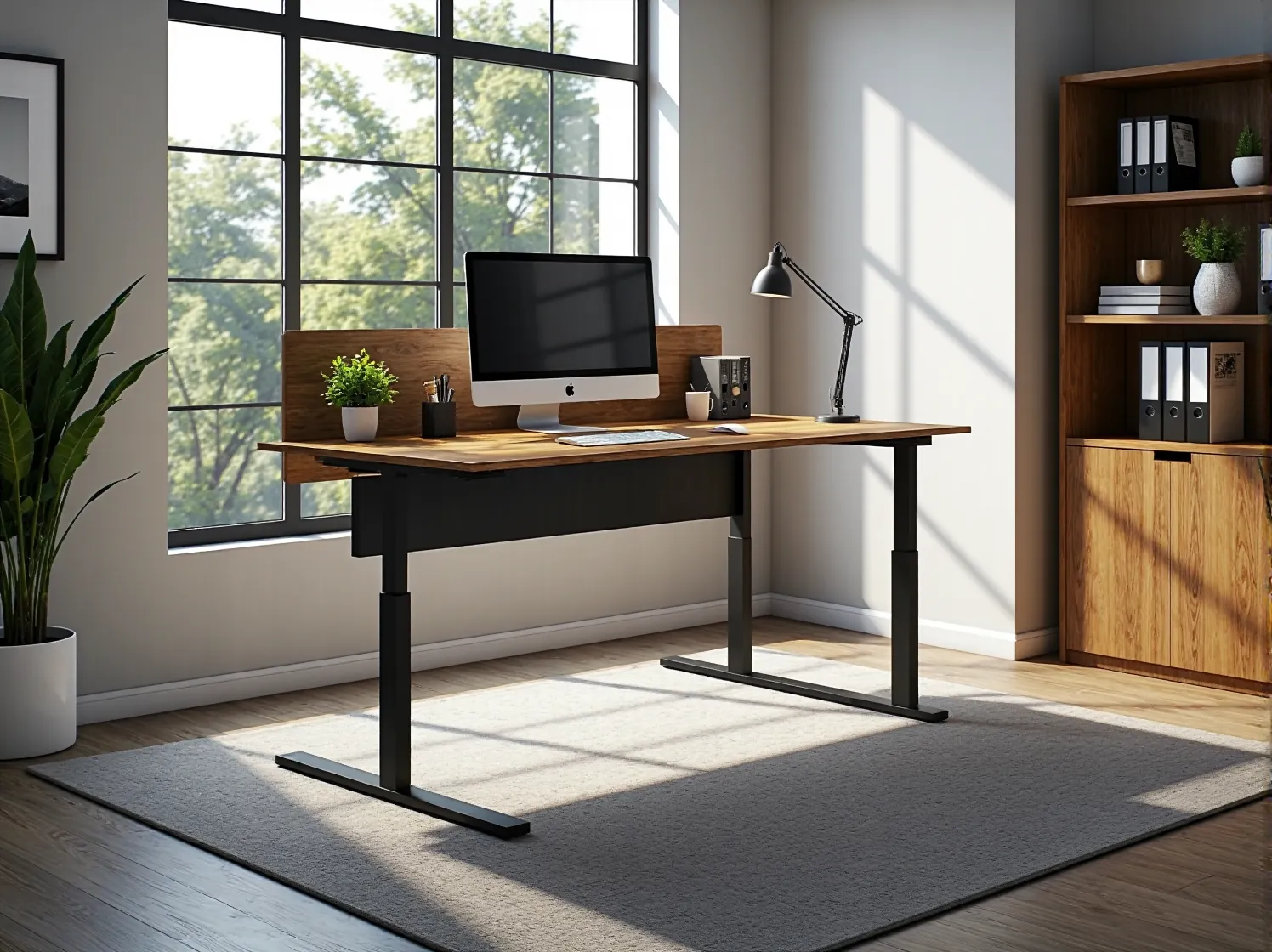 Stylowe biurko z regulacją wysokości idealne do domowego biura i home office.