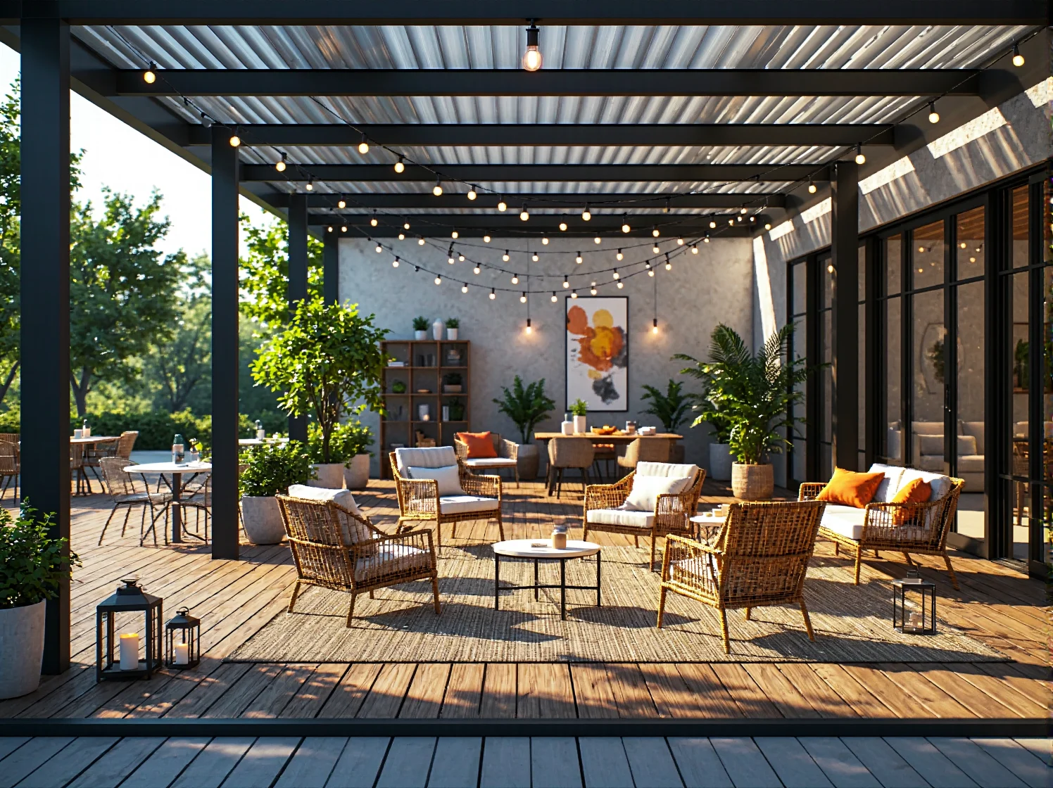 Funkcjonalne lampy stojące na taras oświetlające strefę wypoczynku i rośliny w donicach.