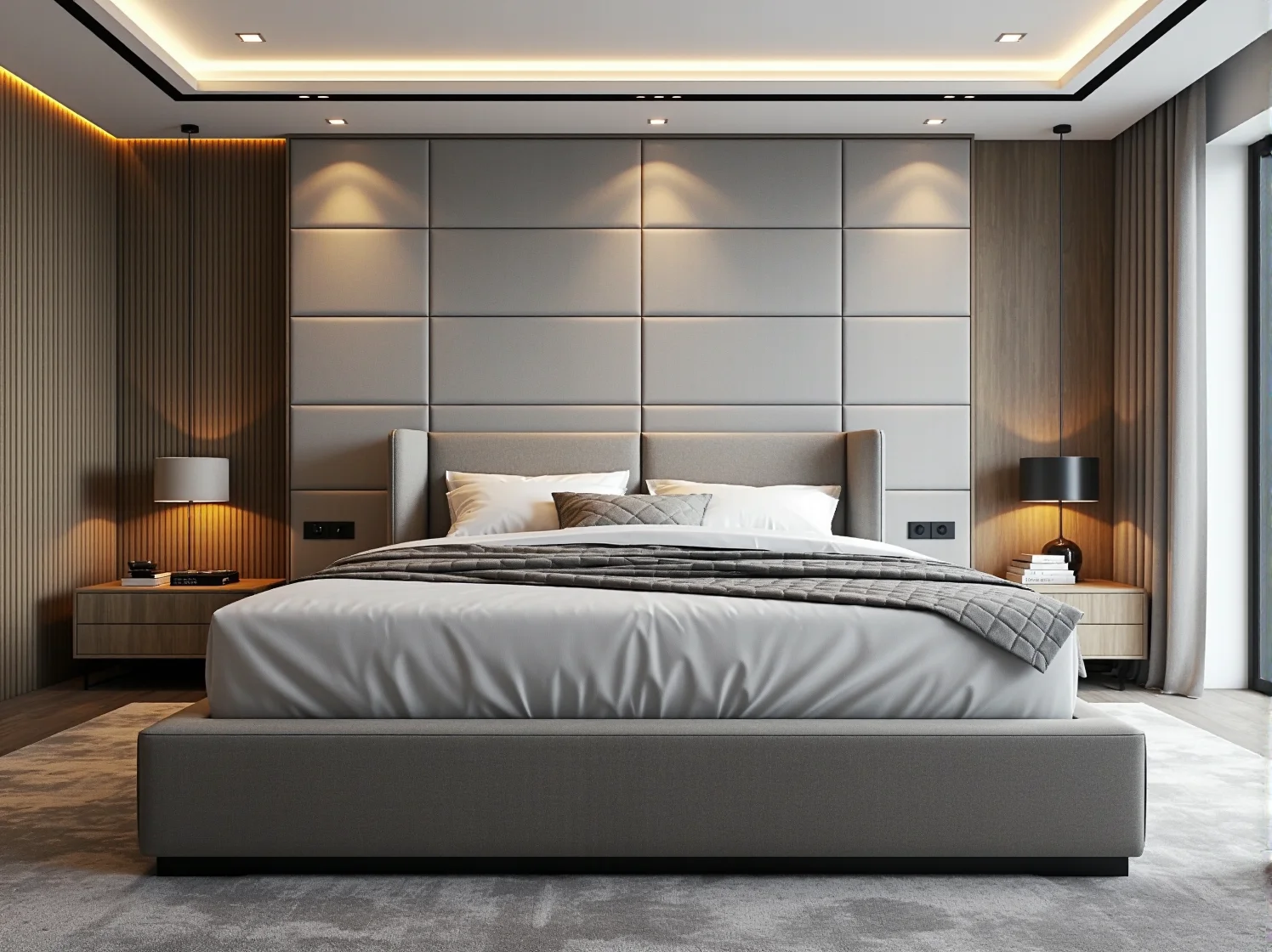 Wygodne łóżko kontynentalne z wbudowanym oświetleniem w minimalistycznym wnętrzu.