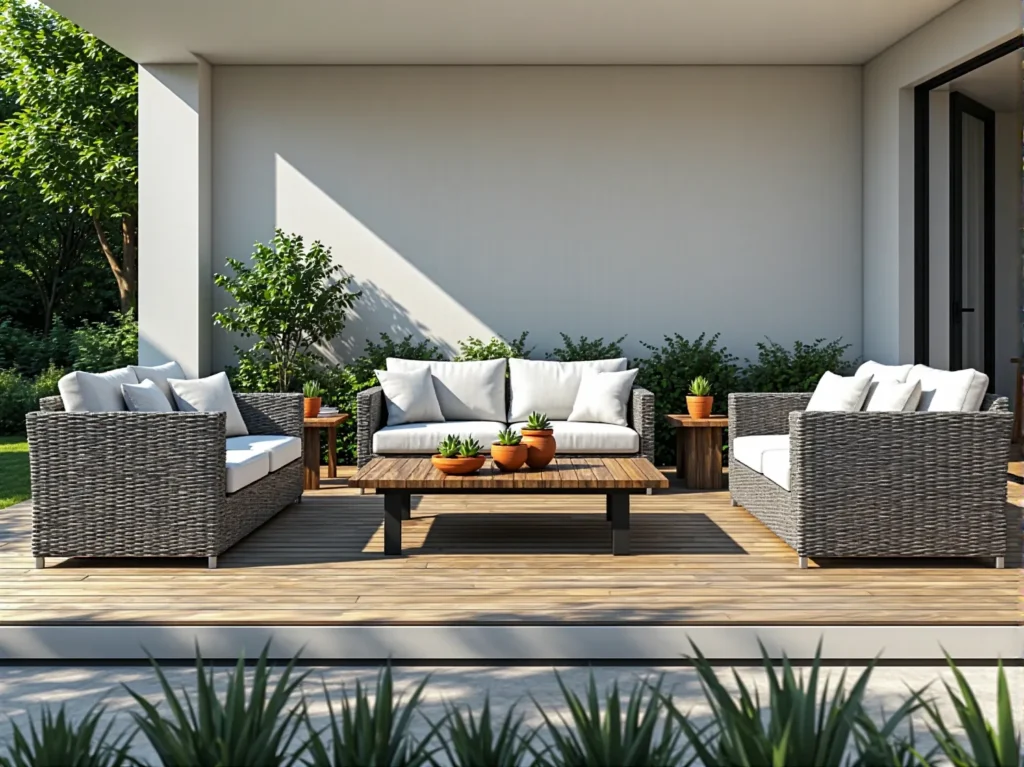 Zestaw mebli ogrodowych rattanowych szarych z białymi poduszkami