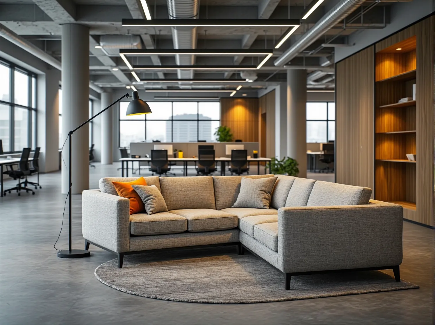 Modułowe meble wypoczynkowe do biura z możliwością dowolnej konfiguracji narożnika w nowoczesnej strefie spotkań.