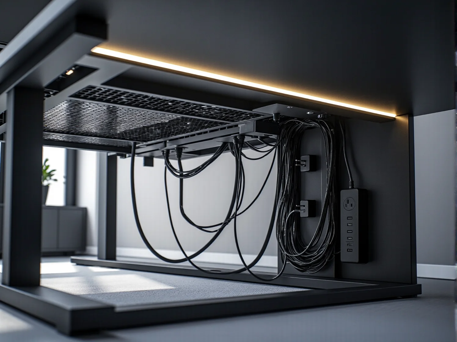 Zbliżenie na blat biurka gamingowego z włókna węglowego. Trwałość i styl w jednym – top biurka 2025.