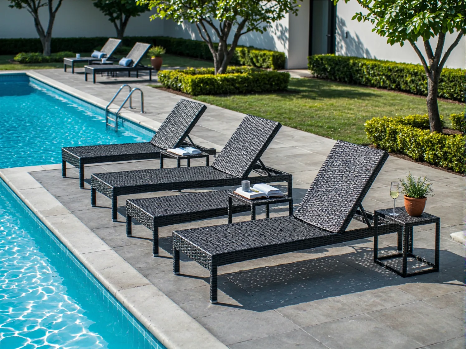 Nowoczesne leżaki basenowe w strefie relaksu luksusowego hotelu