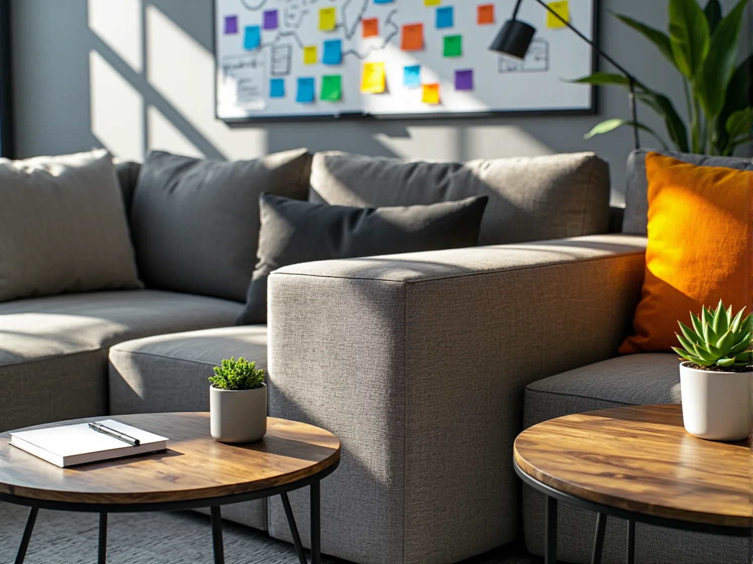 Stylowy narożnik z funkcją ładowania urządzeń w nowoczesnej strefie wspólnej biura.