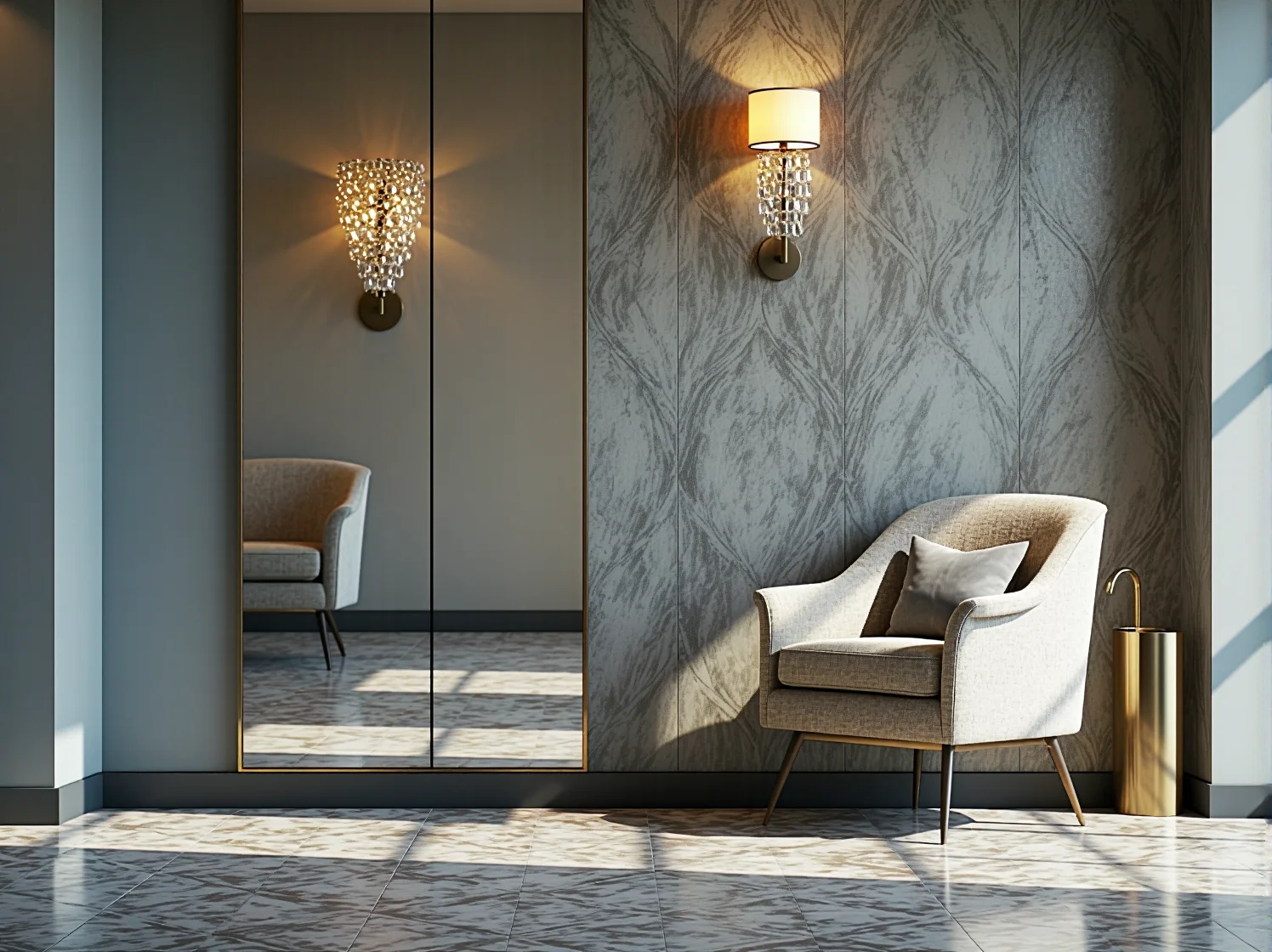 Stylowe meble do przedpokoju glamour w jasnych kolorach z połyskiem.