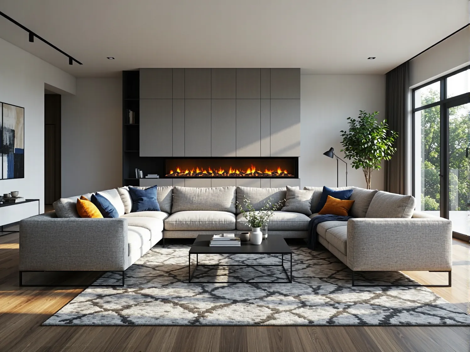Nowoczesny szary narożnik dopasowany do stylowej aranżacji salonu z kominkiem.