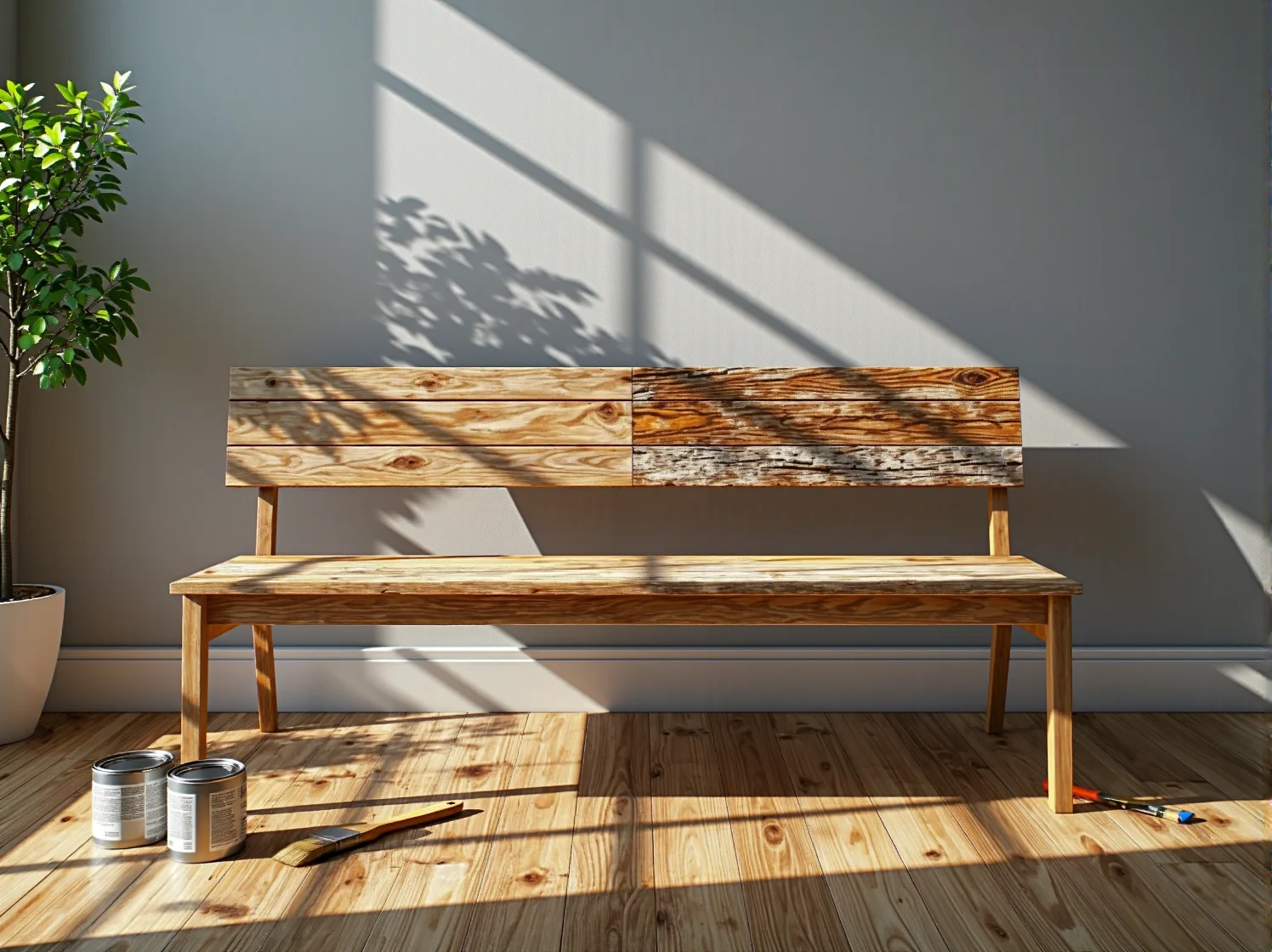 Odnowione meble ogrodowe z drewna zabezpieczone naturalnymi preparatami w słonecznym ogrodzie.