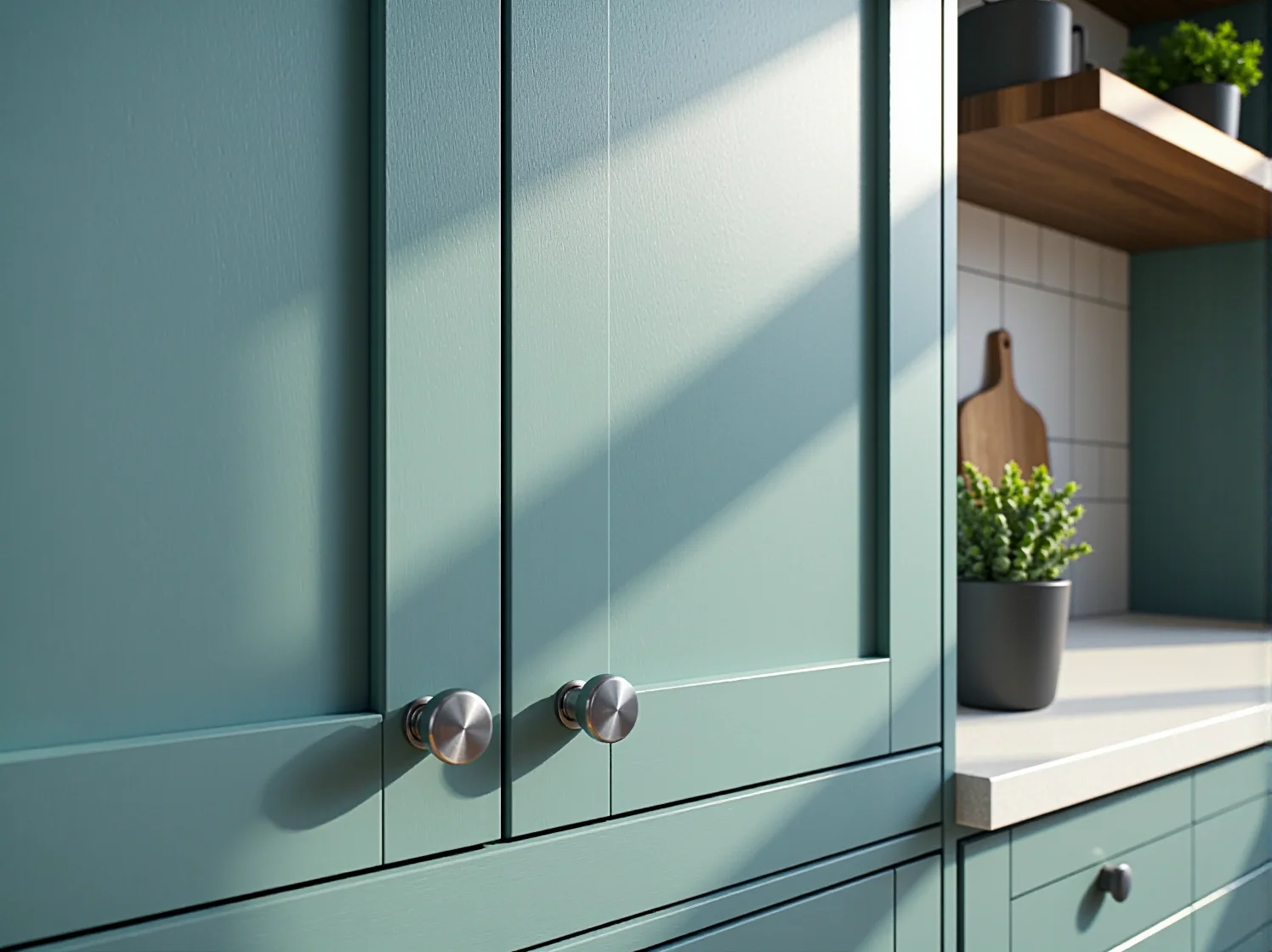 Kącik kawowy w kuchni retro z odrestaurowaną szafką wiszącą i kolorowymi filiżankami.