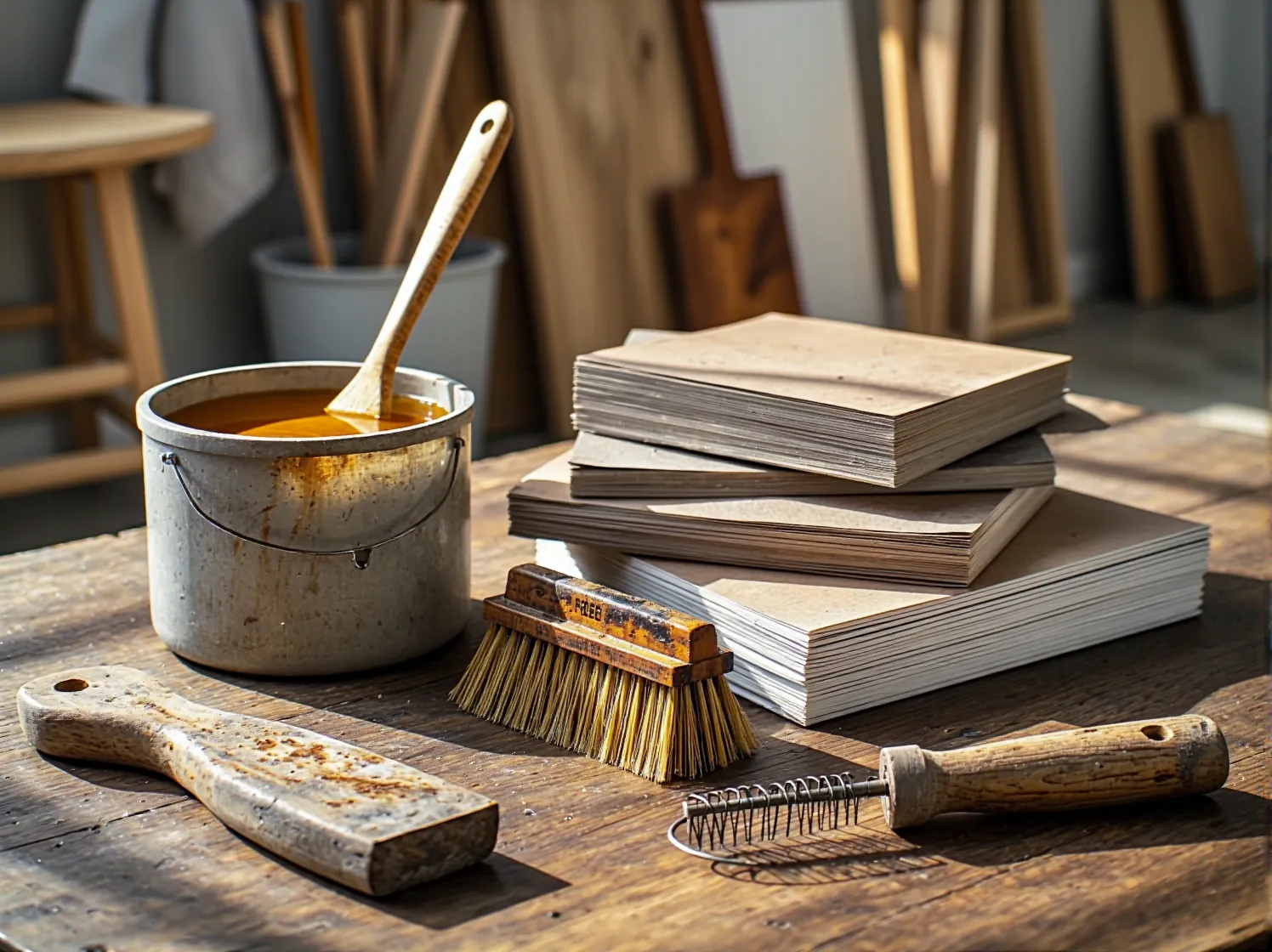 Opalanie starej farby i lakieru z drewnianych drzwi przy użyciu profesjonalnej opalarki.