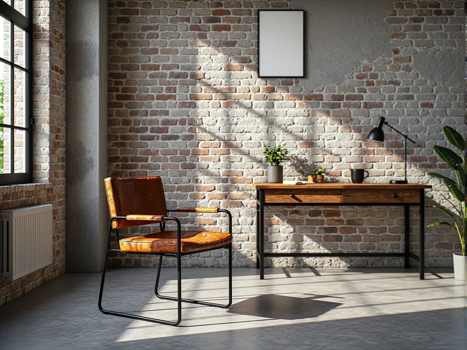 Jasny kącik do pracy w stylu industrialnym z lustrem optycznie powiększającym małe wnętrze