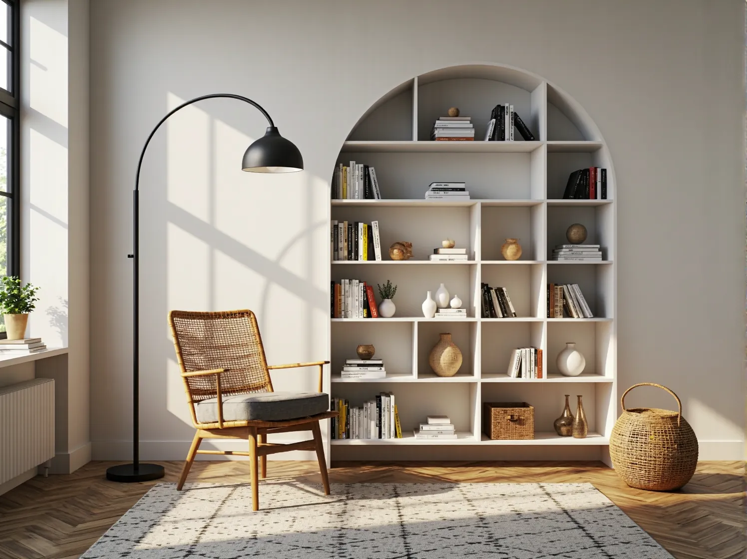 Stylowa lampa stojąca przy fotelu, zapewniająca ciepłe oświetlenie kącika czytelnika.