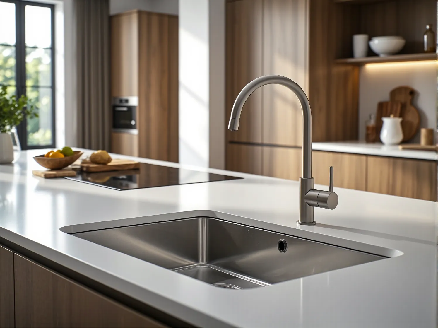 Oświetlenie do kuchni glamour: kryształowy żyrandol nad jasnym blatem.