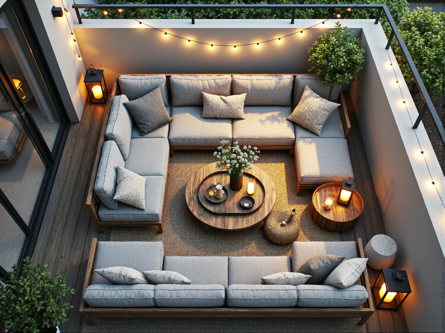 Nastrojowe oświetlenie LED o delikatnym świetle na balkonie boho wieczorem