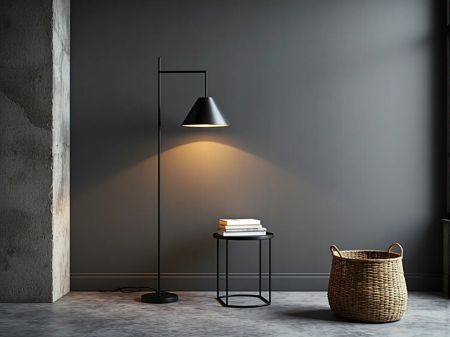 Nowoczesna lampa stojąca przy ceglanej ścianie w industrialnej sypialni, oświetlenie do loftu.