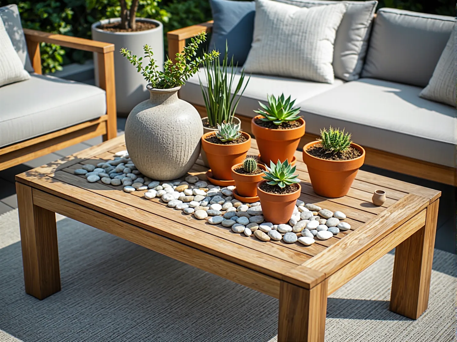 Nowoczesne meble ogrodowe oświetlone girlandą świetlną i lampami LED, tworzące przytulny klimat wieczorem.